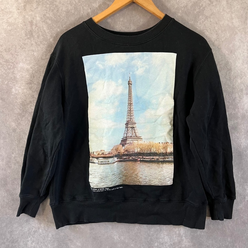 Zara Sweatshirt Women Small Black Paris Eiffel Tower Graphic Crewneck Fleece